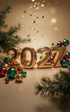 Golden 2027 numbers with festive green and purple christmas ornaments and pine tree branches on a warm glowing background for a happy new year celebration greeting card design
