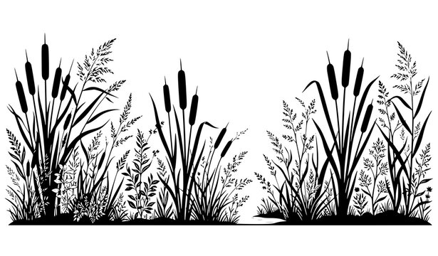 Hand drawn natural reeds and cattail plants arranged as a decorative horizontal grassland border illustration