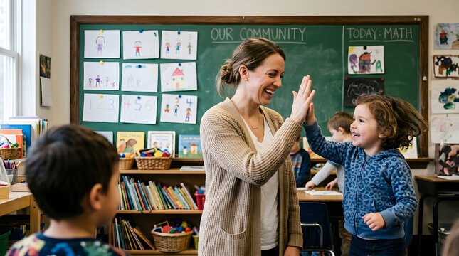 Education Concept Teacher and Student High Fiving in Classroom