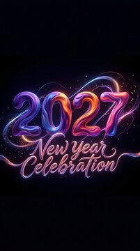Colorful 2027 new year celebration typography design with glowing neon light effect and abstract fluid shapes on a dark background for festive holiday greeting cards and posters