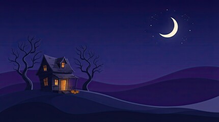 Fototapeta premium A hauntingly beautiful depiction of a classic halloween scene featuring a spooky old house silhouetted against a vibrant dark purple night sky