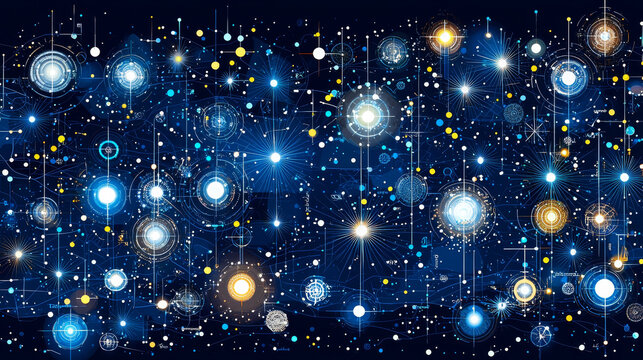 Abstract digital network background with glowing blue circles, lines, and dots, representing futuristic technology, data connections, and cosmic energy in vibrant, dynamic pattern