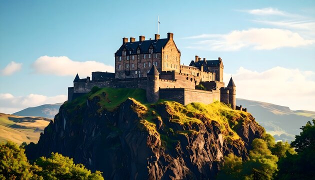 Majestic medieval castle on rocky cliff overlooking sea.