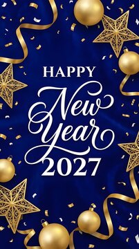 Happy new year 2027 greeting card design with golden stars and decorative ribbons on a dark blue background with shiny confetti elements for holiday celebration and winter season