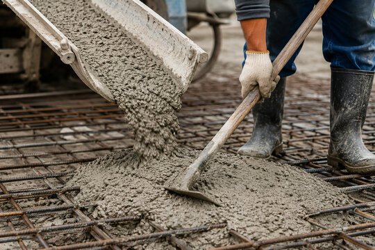 Concrete pouring at a construction site with worker spreading mix over steel reinforcement mesh