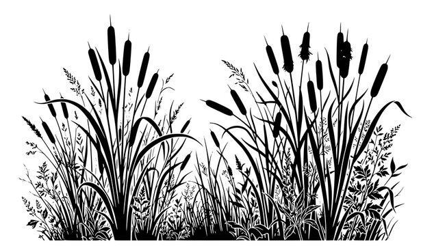 Detailed hand drawn collection of tall cattail reeds, wild grasses, leafy plants, and decorative natural vegetation