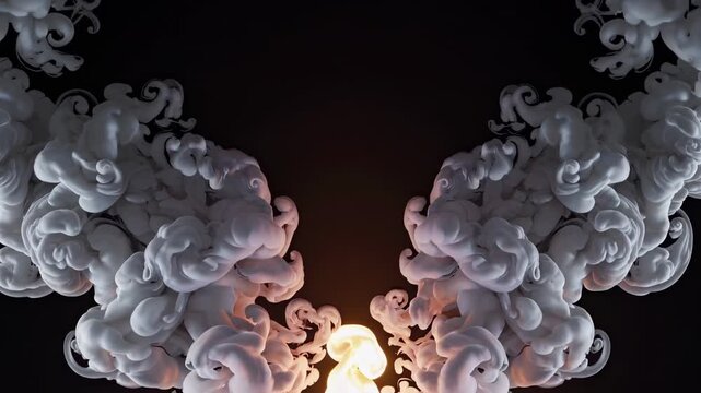 White smoke swirls converge and part revealing a glowing orb, followed by flames emerging from the center, creating dynamic visual contrasts in a dark environment