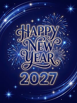 Happy new year 2027 greeting card design with elegant blue typography and bright sparkling fireworks in the dark night sky for a festive holiday celebration and seasonal event