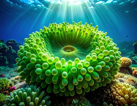 Close up of vibrant green coral reef underwater scene.