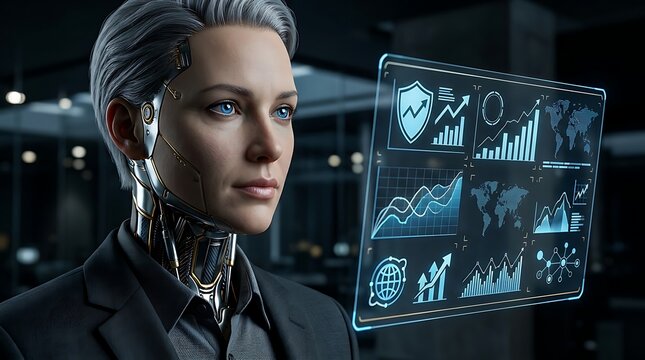 Futuristic female robot with silver hair and blue eyes, analyzing data on a transparent holographic screen. AI technology in business, a cybernetic woman in a professional setting