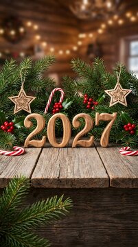 Numbers 2027 made of gingerbread cookies on a rustic wooden table with christmas tree branches, candy canes, star ornaments and glowing golden fairy lights for a festive holiday season