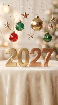 Large golden 2027 numbers standing on a table with colorful shiny christmas ornaments and hanging stars for a festive new year celebration holiday greeting card design background