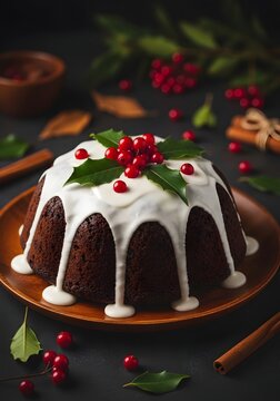 Delicious traditional christmas pudding with white icing and red berries on a dark festive background for the holiday season celebration with cinnamon sticks and holly leaves decorations