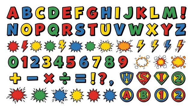 Colorful comic book style alphabet letters numbers math symbols and decorative design elements collection with explosive decorative shapes white background