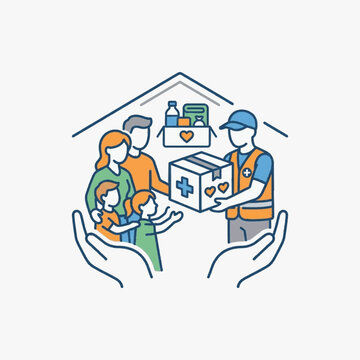 Vector illustration of a volunteer delivering a humanitarian aid box with a cross symbol to a family of four, framed by a house outline and protective hands on a white background.