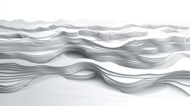Layered abstract landscape, white paper cut shapes, smooth flowing lines, minimalistic design, modern 3D rendering, calm and serene atmosphere, creative background
