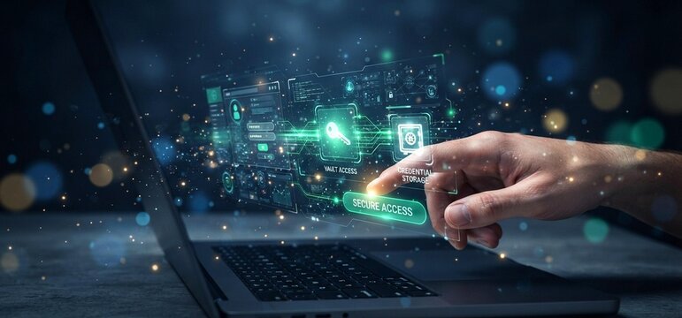 Hand activates holographic password manager credential vault