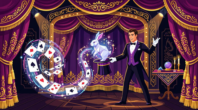 Skilled Magician Pulling a Rabbit from a Top Hat on a Grand Stage with Cards Flying