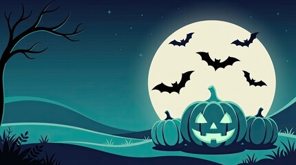 Fototapeta premium A spooky halloween night scene featuring a jack o' lantern bats a full moon and a silhouetted landscape perfect for festive decorations