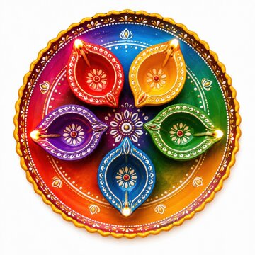 Colorful clay oil lamps for diwali festival celebration on round plate
