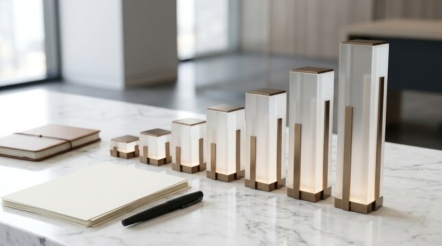 Ascending bar chart made of frosted glass blocks on marble table in modern corporate office.