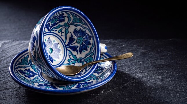 Traditional Multani blue pottery tea cup saucer with cobalt floral pattern macro dark
