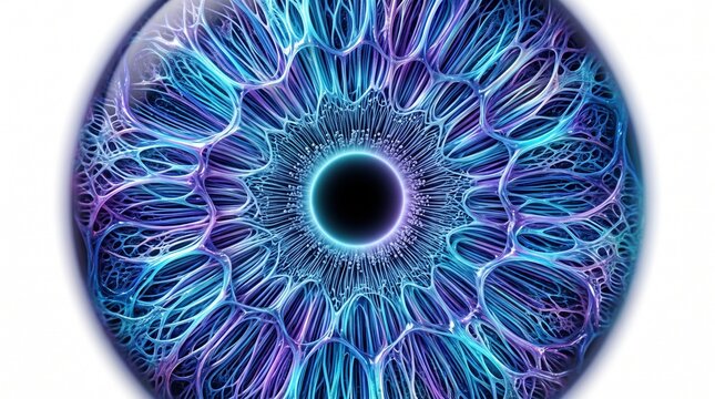 Abstract macro digital human eye iris featuring intricate bioluminescent neural network patterns glowing radiant blue with detailed abstract representation