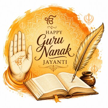Guru nanak jayanti greeting card with open book and feather pen design
