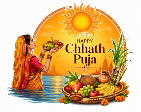 Indian woman celebrating chhath puja festival with offerings in water