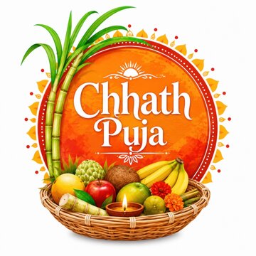 Chhath puja festival greeting card with fruit basket and sugarcane