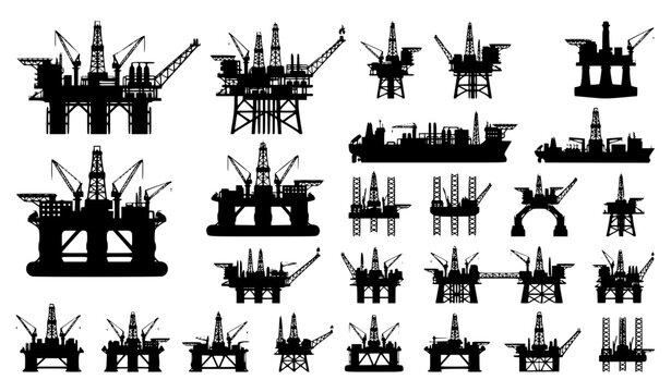 Oil Rig and Offshore Drilling Platform Silhouette Vector Illustration