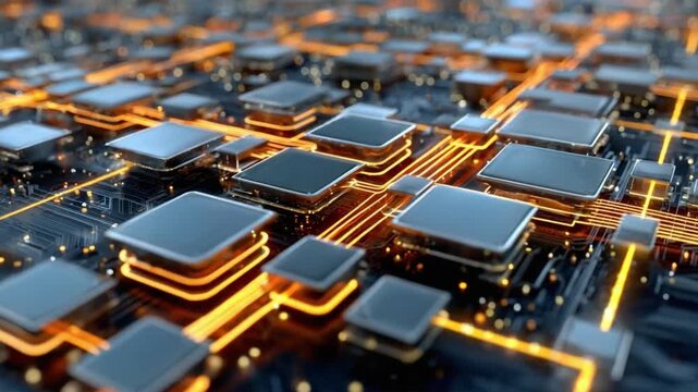 Abstract Circuit Board: A macro view of a futuristic circuit board with glowing orange lines of energy pulsing through its complex pathways.