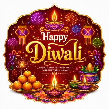 Happy diwali greeting card design with traditional oil lamps and sweets
