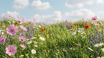 Obraz premium Vibrant spring meadow filled with diverse wildflowers under a bright sunny blue sky landscape view with daisies purple lavender captures lush meadow