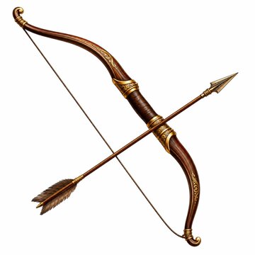 Old wooden hunting bow with a sharp arrow isolated on white background