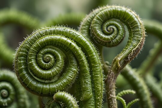 Macro shot of fiddlehead fern spirals showing texture and detail