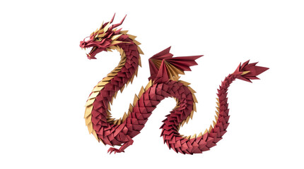 Fototapeta premium Origami red dragon with gold accents, paper craft mythical creature on white background, geometric folded paper art dragon