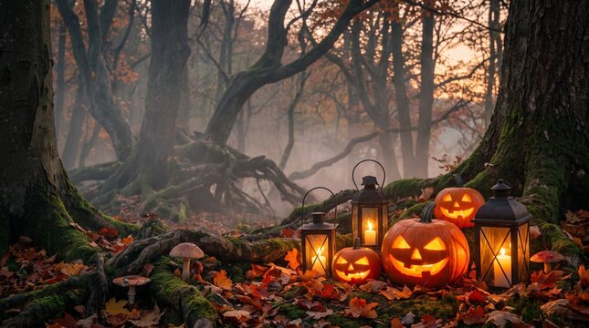 夕暮れの霧深い森に怪しく光るランタンとかぼちゃの幻想的なハロウィン風景