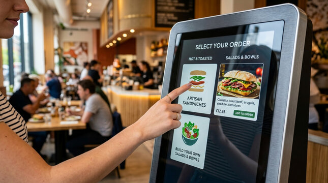 Woman ordering food on touchscreen kiosk in busy restaurant