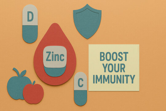 Paper cut concept to boost your immunity and health. Vitamin C, D, and zinc capsule supplement icons with shield for protection, conveying message of proactive wellness