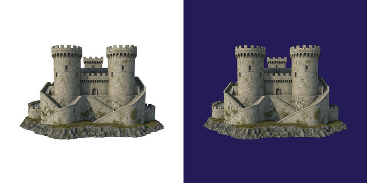 Ancient stone fortress with twin towers on a rocky island 3D render transparent png