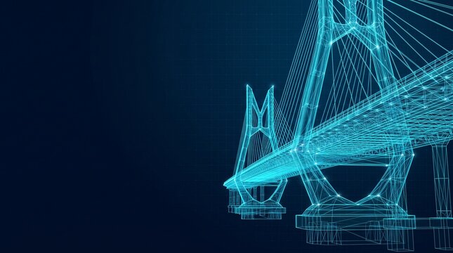 Suspension bridge digital hologram wireframe architecture graphic with suspension architecture hologram wireframe technology illustration futuristic engineering
