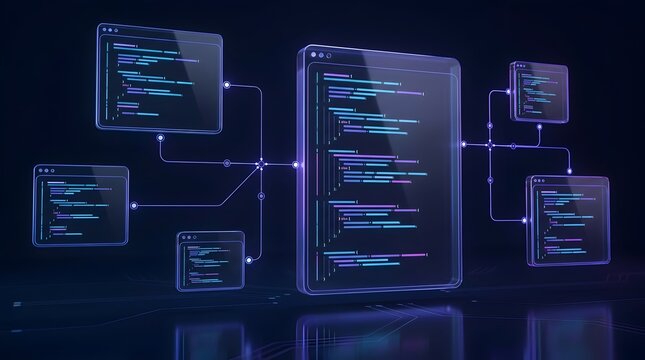 Abstract System Architecture Network Design with Glowing Programming Code Screens