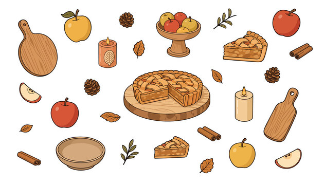 Apple pie autumn baking collection with cinnamon, fruits, candles. for bakery packaging, branding, menus and seasonal design