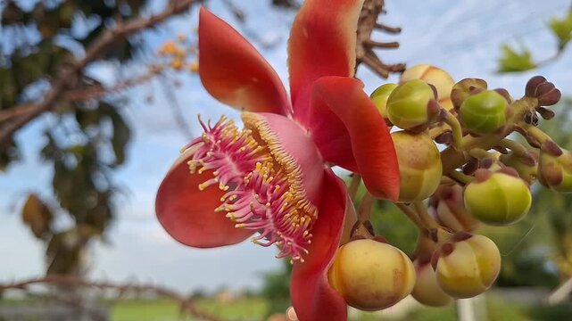 Extreme Macro Close-Up of Cannonball Tree Flower Blooming with Delicate Pink Stamens