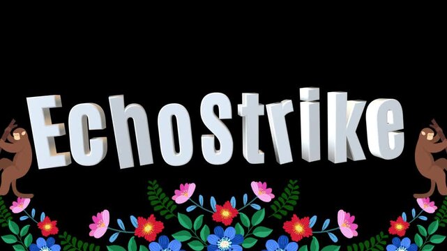 EchoStrike text in white 3D block letters is framed by colorful illustrated flowers and two cartoon monkeys on a black background.