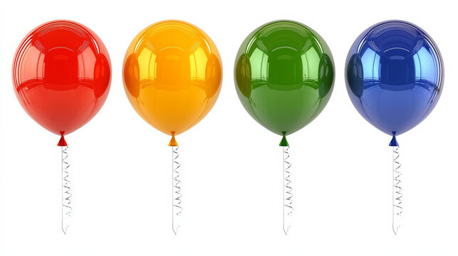 Red, yellow, green, blue glossy balloons floating with shiny surface, cheerful party decoration, isolated on white background, festive and vibrant mood