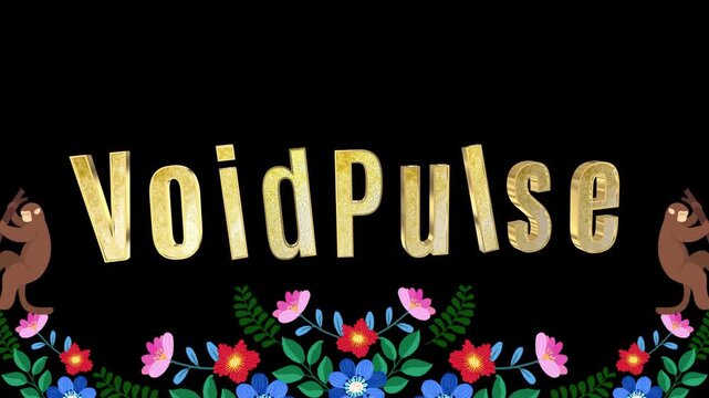 Golden lettering spelling VoidPulse stands out on a black background adorned with a colorful floral border and two cartoon monkeys.