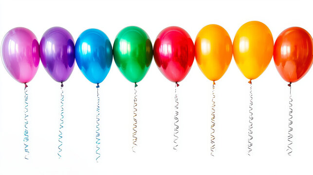 Glossy balloon colorful floating shiny primary color party celebration decoration cheerful festive Glossy colorful balloons floating row with shiny surfaces and curly ribbons creating cheerful