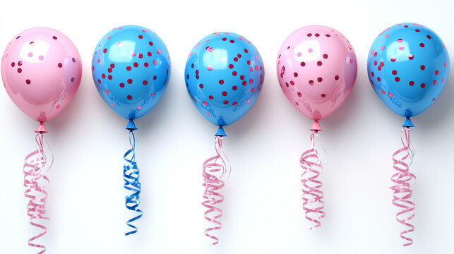 Blue balloon pink balloon glossy surface polka dot floating shiny festive celebration ribbon cheerful party decoration with vibrant colors and playful atmosphere
